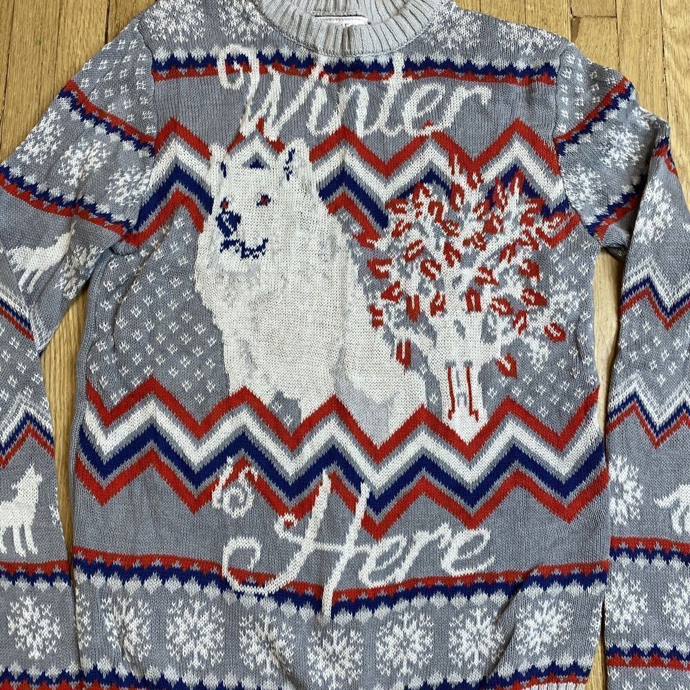 Game of Thrones Womens Winter is Here White Wolf Ugly Christmas Sweater Sz S